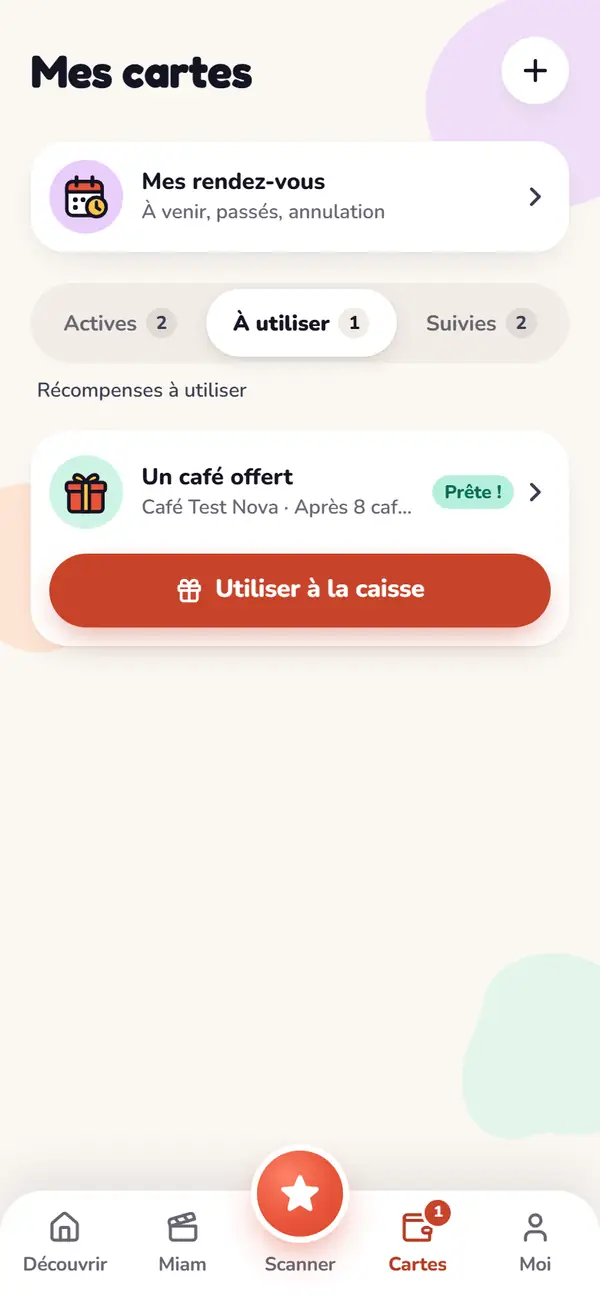 L'onglet « À utiliser » de Mes cartes : « Un café offert » chez Café Test Nexa, marqué « Prête ! », avec le bouton « Utiliser à la caisse ».