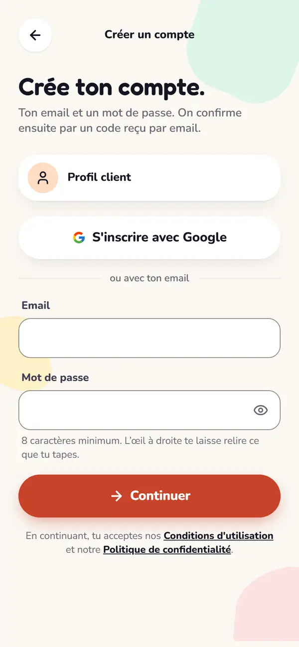 L'écran « Crée ton compte » de l'app Nexa : « S'inscrire avec Google », ou avec ton email et un mot de passe.