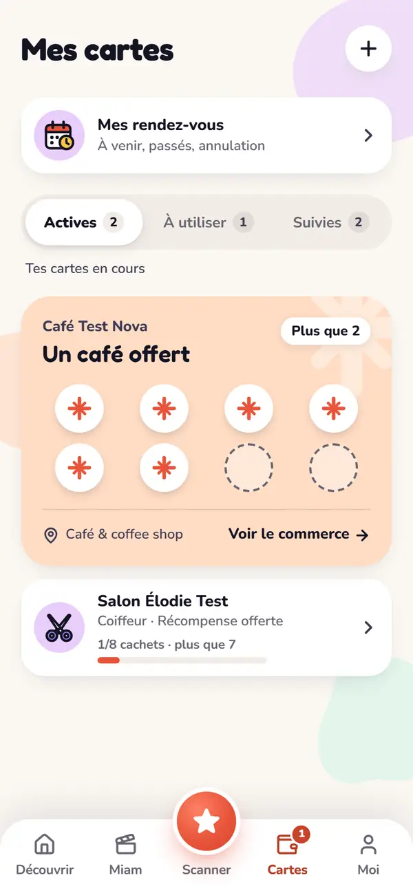 Mes cartes : la carte du Café Test Nexa, 6 cachets sur 8 pour un café offert, et celle du Salon Élodie Test, 1 cachet sur 8.