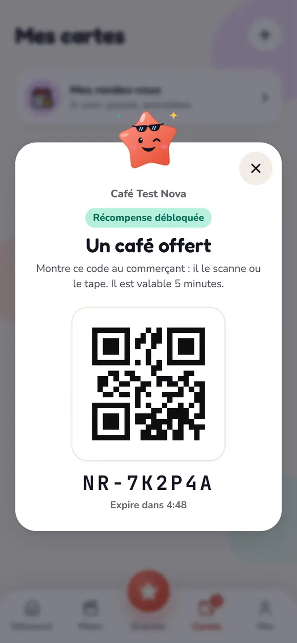 Récompense débloquée au Café Test Nexa : un café offert, avec le QR et le code à montrer au commerçant, valable 5 minutes.